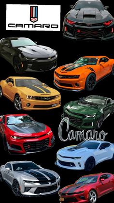 many different colored sports cars are shown in this graphic art printable poster, with the name camaro on it