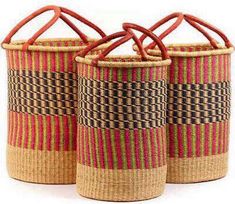 two woven baskets with handles are shown on a white background and one has red handles