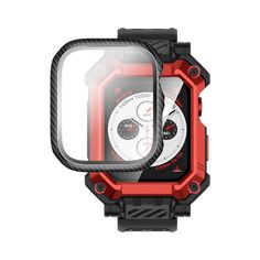 an image of a red and black watch face with clear screen protector on white background