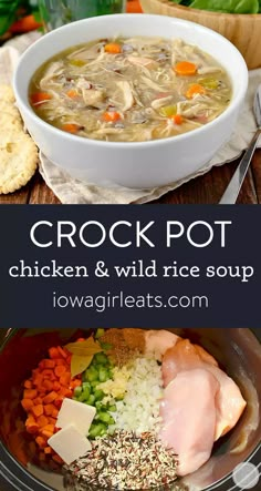 crock pot chicken and wild rice soup in a slow cooker, with the title above it