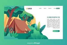 a website page with a tent in the woods and plants around it, on a green background