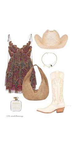 Stage Coach Outfits 2024, Outfit With Brown Cowgirl Boots, Outfit For Hot Days, Cowgirl Club Outfit, Phish Concert Outfit, Kings Of Leon Concert Outfit, Boho Concert Outfit Summer, Cowgirl Boots Outfit Aesthetic, Picolandia Outfits