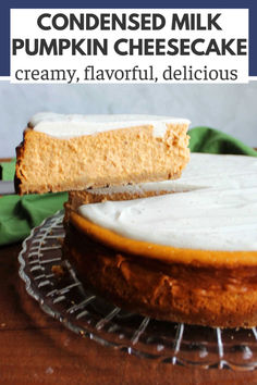 a pumpkin cheesecake on a wire rack with a slice cut out