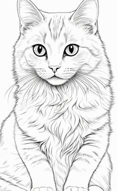 a black and white drawing of a cat with big blue eyes sitting on the ground