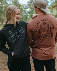 It's ALLLL good in the woods... enough said, right! Regular fit (size up for a more relaxed fit) 100% Cotton We’re not your average outdoor brand... together we pick up one pound of trash for every product sold. Learn more and join a cleanup here! Clothing Brand Photoshoot Ideas Outdoor, Outdoor Clothing Photoshoot, Mountain T Shirt Design, Hiking Branding, Streetwear Photoshoot Ideas, Hiking Hoodie, Streetwear Photoshoot, Nature Hoodie, Hoodie Details