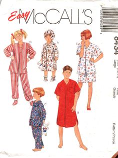 Childrens' boys' and girls sleepewear pajamas sewing patterns size 12 14 unsiex easy mccall's 8434 c 1996 nightshirt tops pants shorts cap bootees pattern is uncut with factory folds.  envelope shows minor signs of age. Pajamas Sewing, Mccalls Patterns, Sewing Pattern Sizes, Pajama Top, Night Shirt, Short Pants, Sewing Patterns, Boy Or Girl, Pajamas