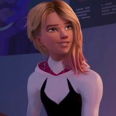 the animated character spider - man is wearing a black and white suit with pink hair