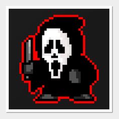 a pixellated image of a skull holding a knife