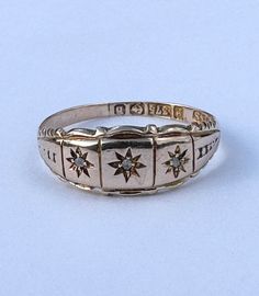 Amazing Edwardian Era 9k rose Gold Genuine old cut Diamond starburst trilogy Band Ring with 3 genuine old round cut diamonds, and are approximately 2 mm each in size. A stunning piece of fine jewelry from 1901. ERA - Circa 1901/ Edwardian METAL / MATERIAL - 9k rose gold, 3 genuine diamonds (approx. 0.03 CTW) MARKINGS / HISTORY - Gold stamp for 375 Makers MARK: h & s Assay mark: Birmingham Date mark: b for 1901 CONDITION - Good antique condition. gold metal has been polished & cleaned. All gemsto Antique Star Ring, Edwardian Jewelry Antique, Victorian Rings Antique, Vintage Wedding Rings Antique, Victorian Wedding Ring, Antique Wedding Ring, Stunning Rings, Unique Jewelry Vintage, Antique Rings Victorian