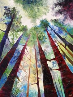 an oil painting of trees in the woods