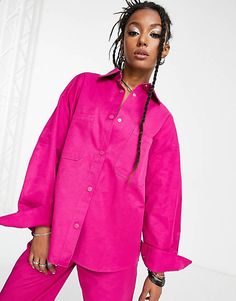 JJXX oversized shirt in bright pink - part of a set | ASOS Oversized Pink Top With Pockets, Pink Button-up Top With Pockets, Trendy Pink Tops With Pockets, Trendy Pink Top With Pockets, Pink Relaxed Fit Outerwear For Work, Pink Workwear Tops With Pockets, Co Ord Sets Pants, Cosy Jumper, Satin Shirt