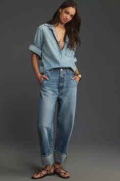 The Lonnie Cuffed High-Rise Crop Jeans by Pilcro | Anthropologie Blue Fits, Silhouette Crafts, Boho Blouses, Petite Size, Medium Blue, Cropped Jeans, Effortless Style