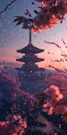 the sun is setting behind cherry blossom trees in front of a pagoda with pink blossoms on it