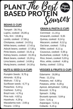 a menu for plant based protein sources