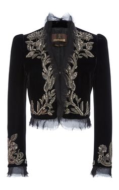 Embroidered Cropped Jacket by ROBERTO CAVALLI Now Available on Moda Operandi Tulle Jacket, Floral Print Jacket, Floral Print Blazer, Mode Kimono, Jackets Black, Embellished Jacket, Floral Jacket, Embroidered Jacket, Cropped Jacket