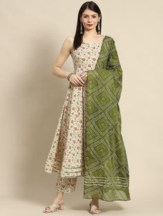 * Women Cream-Coloured Ethnic Motifs Pure Cotton Kurta with Trousers & Dupatta Pure Cotton Kurta Set / Sleeveless Kurta Set / Indian Wedding Wear Salwar Kameez / Silk Kurta Sets / Indian Ethnic Dress / Plus Size Silk Kurta Dress Traditional Indian Wear / Salwar Kameez Dupatta / Kurti Palazzo Set * Cream-coloured & green printed Kurta with Trousers with dupatta * Kurta design:- * Ethnic motifs printed * Anarkali shape * Pleated stvle * Round neck, sleeveless * Gotta patti detail * Calf length wit Kurta Sets For Women, Summer Office Wear, Kurti Palazzo, Gotta Patti, Kurta Design, Summer Office