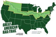 the great american rail - traip map is shown with green and yellow colors