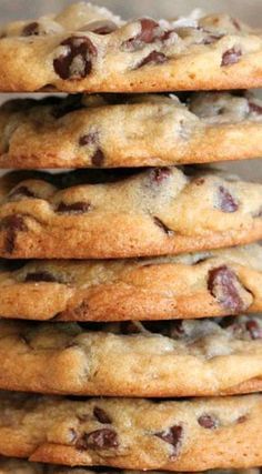 chocolate chip cookies stacked on top of each other