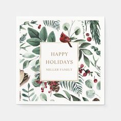 a holiday card with the words happy holidays on it, surrounded by leaves and berries