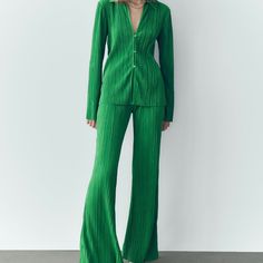 Blouse Is Medium And The Trousers Are Size Small. Green Is On Trend! Never Worn, Tags Attached. Sold Out On Stores And Online. Comes From Pet/Smoke Free Home. Long Sleeve Summer Shirts, Loose Pants Outfit, Streetwear Dress, Pajama Outfit, Pleated Top, Pleat Top, Half Sleeve Dresses, Top Pants Set, Cardigan Top