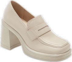 Beige Platform Heels For Office, Office Beige Platform Heels, Beige High Heel Loafers For Office, Beige Block Heel Loafers For Formal Occasions, Beige Round Toe Platform Loafers For Formal Occasions, Cream Slip-on Heels For Work, Cream Slip-on Heels For Office, Chic Beige Platform Loafers, Beige Platform Loafers For Work