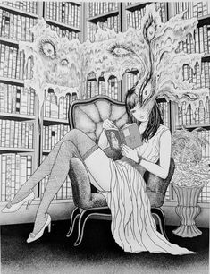 a drawing of a woman sitting on a chair reading a book in front of a library full of books