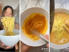 three pictures show the process of making ramen noodles