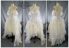 three different views of a white dress on a mannequin headdress with ruffles