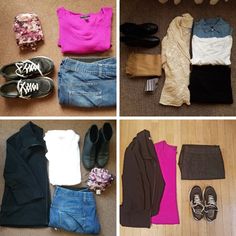 four pictures show different types of clothing and shoes on the floor, including jeans, sweaters, t - shirts