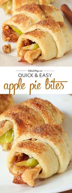 an apple pie is cut in half and stacked on top of each other with the words quick and easy apple pie bites