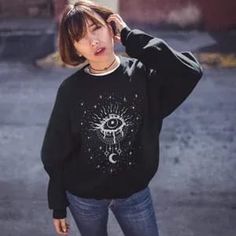 Mystical Evil Eye Witchy Sweatshirt Edgy Celestial Plus Size image 3 Grunge Crew Neck Sweatshirt For Winter, Winter Grunge Crew Neck Sweatshirt, Plus Size Goth, Aesthetic Sweatshirt, Witchy Aesthetic, Goth Clothing, Inner Power, Goth Outfits, Cozy Sweater