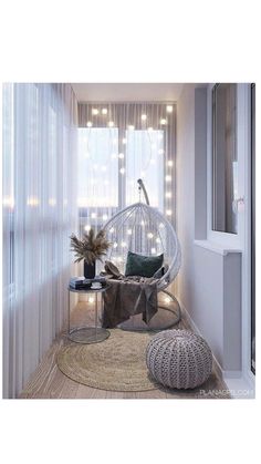 a room that has some lights on the wall and a hammock chair in it