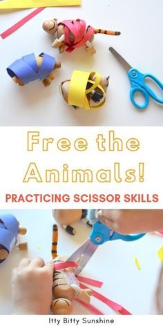 a person cutting paper with scissors on top of it and the words, free the animals practicing scissor skills