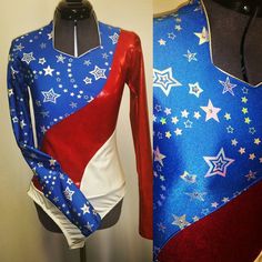 Beautiful waves of red white and blue. Comes with attached brief to stay tucked in. Zip back. Features AB swarovski rhinestones at the center of some stars to give it extra shine.  Merchandise is shipped within 1 to 3 weeks. If needed by a certain date, message us right away, call us at 435.257.2286 , or e-mail us at gloria [!at] rodeoqueenshirts.com to check availability. We try to keep 1 of every shirt in stock so if you need it sooner please contact us as we will try to help! US orders are sh Patriotic Red Fitted Tops, Lisa Kelly, Queen Shirt, Rodeo Queen, Rodeo Shirts, Queen Shirts, Last One, Daughter Love, Red White And Blue