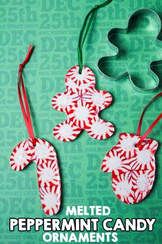 melted peppermint candy ornaments and cookie cutters on a green background with text overlay that says melted peppermint candy ornaments