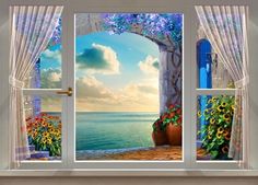 an open window overlooking the ocean and flowers