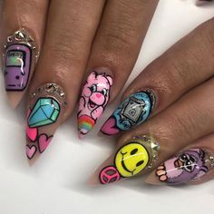 90s nail manicure vibe nostalgia ask Teal Acrylic Nails, 90s Nails, Cartoon Nails, Natural Nail Art, Funky Nail Art, S Nails, Curved Nails, Retro Nails, S Aesthetic