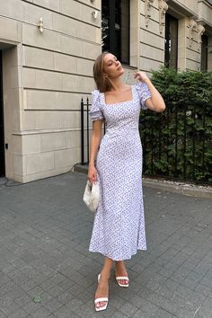 Tea party in the garden with the closests. This silhouette midi dress in Lilac with a godet skirt is for those who opt for a classy look but want to add a little zest while keeping it minimalistic. Trendy square neck makes the appearance elegant and short sleeves make this garment perfect to be your lovely summer outfit. Lined. Party In The Garden, Square Neck Midi Dress, Godet Skirt, Satin Long Sleeve, How To Look Classy, Summer Outfit, In The Garden, Square Neck, Dress Collection