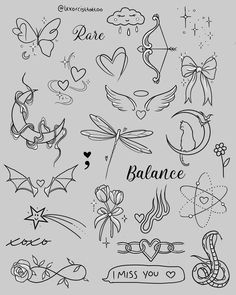 the different tattoo designs are drawn in black and white, including hearts, stars, dragon wings