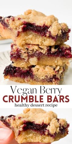 vegan berry crumble bars stacked on top of each other