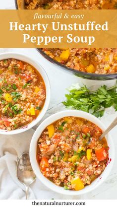 two bowls filled with hearty unstufffed pepper soup on top of a white table