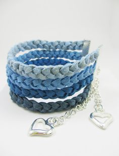 blue and white bracelets with silver heart charms