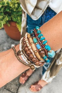 Layered Beaded Bracelet | Sophie & Trey Trendy Adjustable Multi-strand Jewelry, Bohemian Stretch Bracelet With Large Beads For Everyday, Casual Large Beads Jewelry For Festival, Casual Festival Jewelry With Large Beads, Trendy Beaded Bracelet Jewelry, Bohemian Bangle With Wooden Beads, Bohemian Wooden Beads Bangle, Casual Turquoise Jewelry With Wooden Beads, Hand-strung Heishi Beads Stretch Bracelet