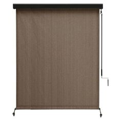 a brown roller shade with an iron bar on the bottom and black trimmings