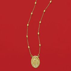 Ross-Simons - Italian 18kt Yellow Gold Over Miraculous Medal Beaded Station Necklace. 20". Based on a vision of the Holy Mother Mary, the Miraculous Medal is one of the most popular religious jewelry items of the Catholic faith. In gleaming 18kt yellow gold over sterling silver, this devotional pendant suspends from a cable chain lined with oval bead stations. Crafted in Italy. Lobster clasp, 18kt yellow gold over sterling silver Miraculous Medal necklace. Holy Mother Mary, Miraculous Medal Necklace, Miraculous Medal, Station Necklace, Religious Jewelry, Mother Mary, Catholic Faith, Cable Chain, Lobster Clasp