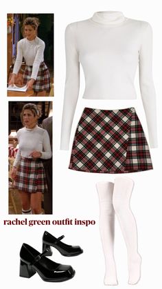 rachel green fit, friends, cheque skirt Rachel Green Jewelry Friends, Friends Rachel Outfits Dresses, 90s Fashion Friends Rachel Green, Rachel Green Plaid Skirt, Mini Skirt Long Sleeve Top Outfit, Rachel Friends Fashion, Fall Outfits Aesthetic Skirt, How To Dress Like Rachel Green, Rachel Green Style Inspiration