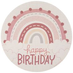 a paper plate that says happy birthday with a rainbow in the middle and clouds around it