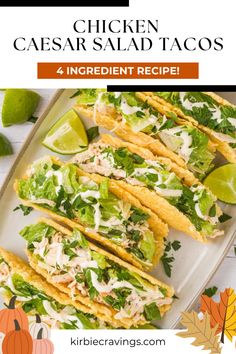 chicken caesar salad tacos on a white plate