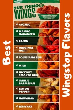 the menu for wings is shown on an orange and white background with words above it