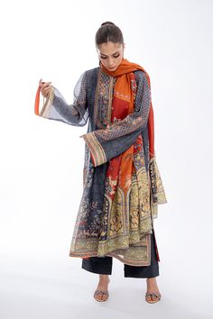 Shirin Silk Dupatta, Rust Color, Raw Silk, Custom Sizing, Rust, Navy Blue, Trousers, Sleeve Length, Silk